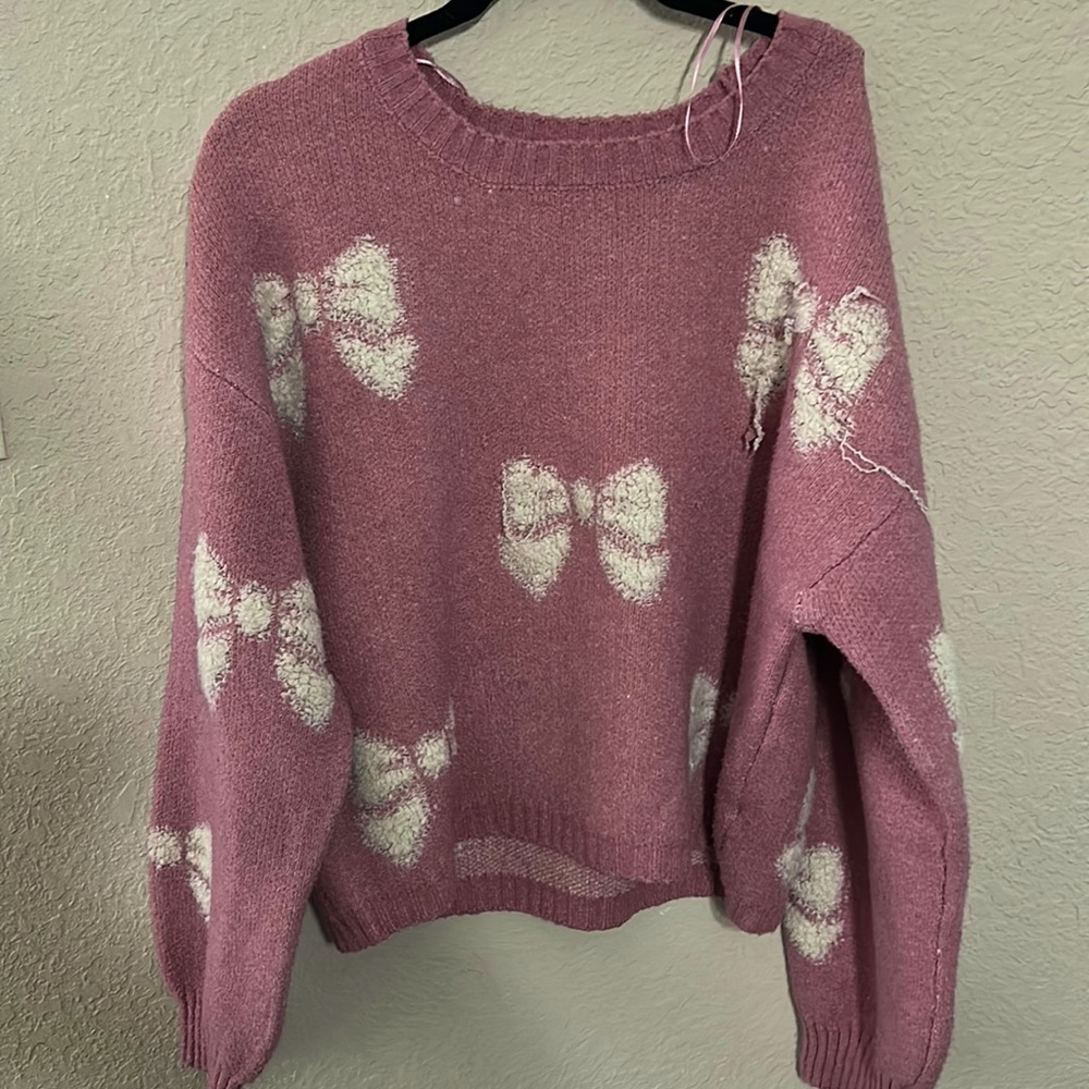 Cropped size large pink ribbon sweater